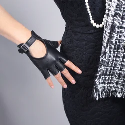 Leather Half Finger Gloves Women Black Silver Square Buckle Ultra-Thin Pure Sheepskin Fingerless Short Spring Summer TB88-2 Leather Half Finger Gloves Women Black Silver Square Buckle Ultra-Thin Pure Sheepskin Fingerless Short Spring Summer TB88-2