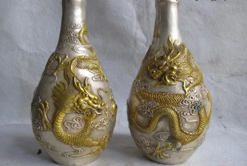 

Chinese White Copper Bronze Silver Gilt Two Dragon Play Bead Royal Pot Vase Pair