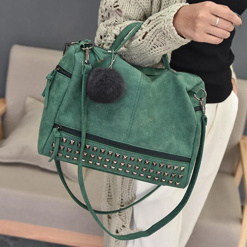 Women Shoulder Bag PU Leather Vintage Female Top-handle Bags Rivet Design Large Ladies Pompon Handbags Girls Bags Bolsa SS0344 (3)