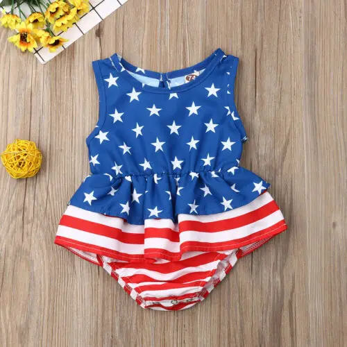

2019 Fourth Of July Baby Girls Sleeveless O-Neck Bodysuit Outfit Star Print Novelty New Sunsuit