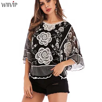 

New Woman Fashion Lace Hollow-out Embroidery Casual 3/4 Batwing Sleeve O-Neck Nice Summer Loose Lady Pullover Tops 91239