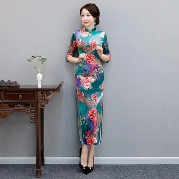 

Elegant Lady Print Flower Evening Dress Chinese Vintage Mandarin Collar Cheongsam Half Sleeve Velvet Qipao Vestidos M-4XL