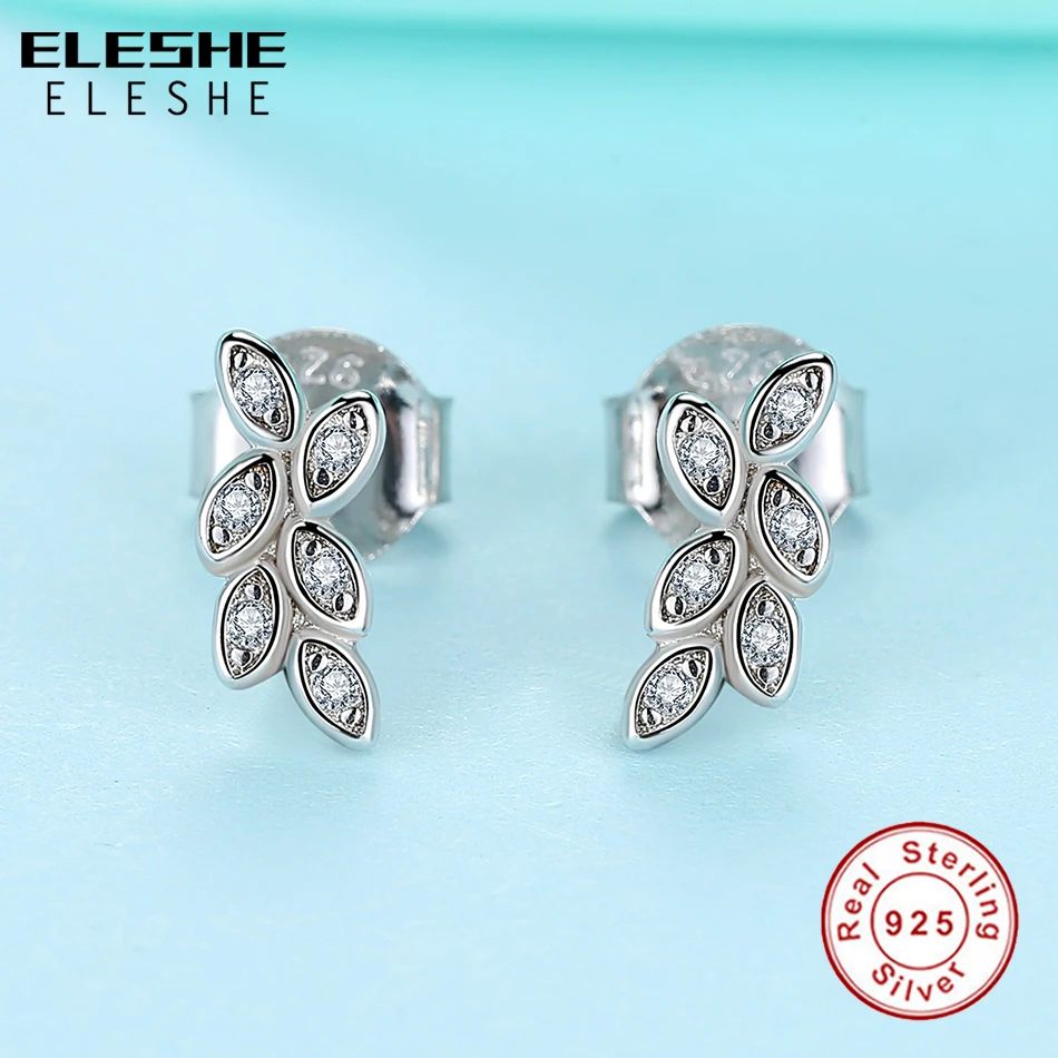 ELESHE Shiny 925 Sterling Silver Crystal Earrings Cubic Zirconia Leaf Stud Earrings Wedding Jewelry for Women