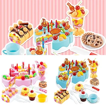 

75 PCS Kids Plastic Pretend Play Toys Kitchen Food Fruit Cutting Birthday Cake Cookies Drink Ice Cream Candle Knife Toy for Girl
