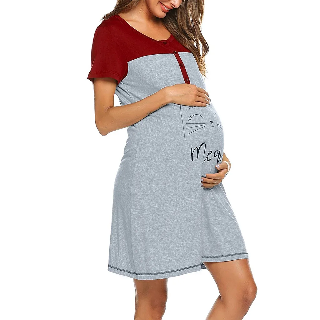 

New Women Maternity Nursing Nightdress Breastfeeding Dress Short Sleeve Cute Print Nursing Baby For Maternity Pajamas Nightdress