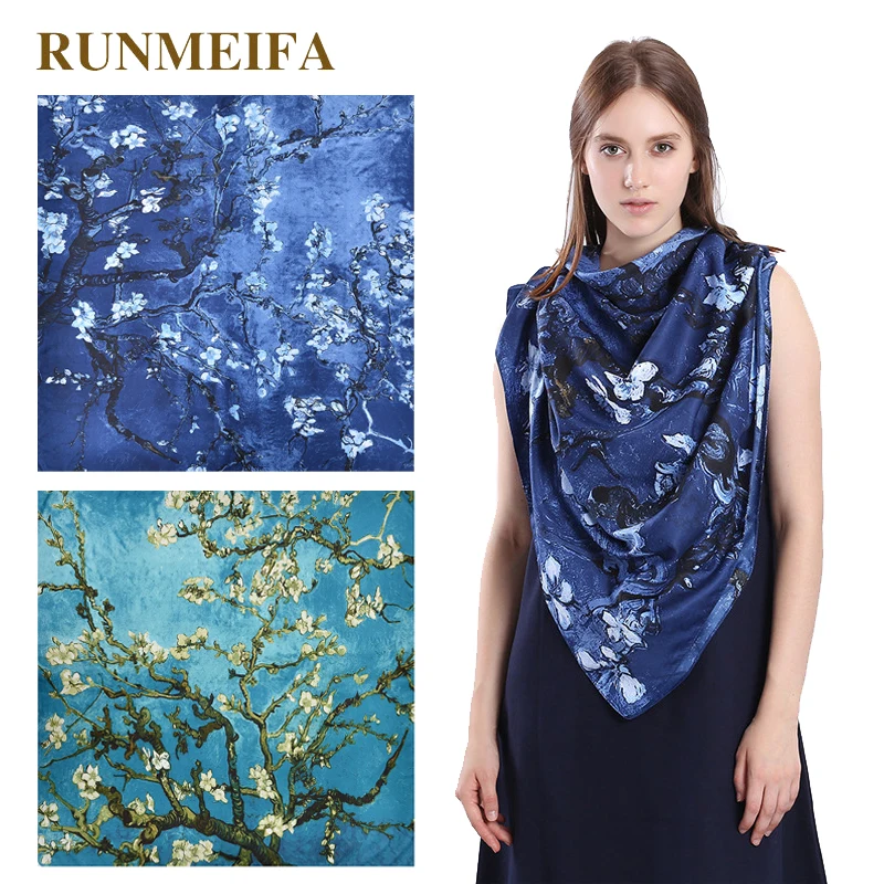 

New arrival 2018 twill silk square scarf women 100% real silk Fashion Oil painting apricot flower print square scarf silk gifts