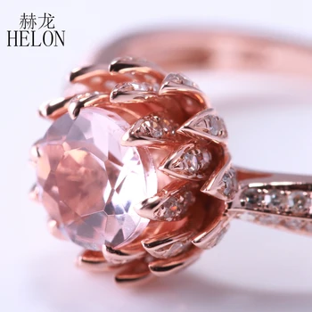 

HELON 6mm Round Cut Genuine Morganite Solid 10K Rose Gold Pave Natural Diamonds Engagement Wedding Jewelry Lotus Flower Ring