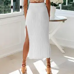 2019 корейская модная юбка женская трикотажная юбка ребристый разрез сбоку однотонная эластичная талия приталенная юбка с высокой талией