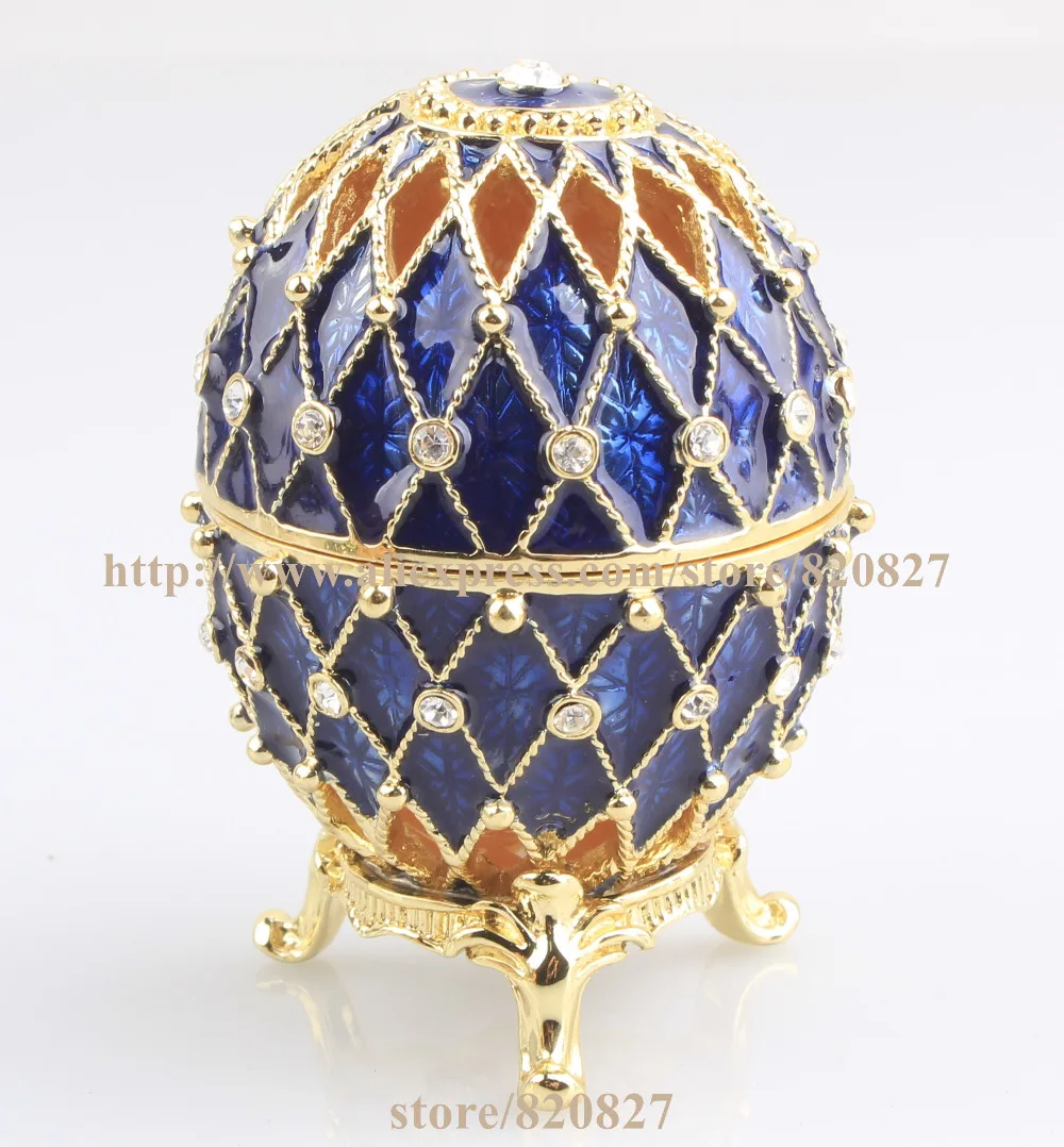 Quality Blue Royal Crystal Faberge Egg Russian European Trinket Jewellery Box 