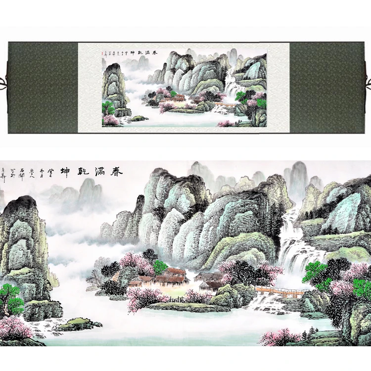 

Chinese Silk watercolor Waterfall Spring Mountain Landscape Feng Shui print canvas wall picture damask framed scroll painting