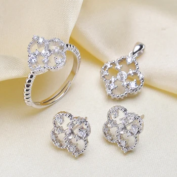

925 Silver Fashion Pearl Pendant Ring Earrings Set Mountings Findings Beautiful Jewelry Set Parts Fittings Women's Accessories
