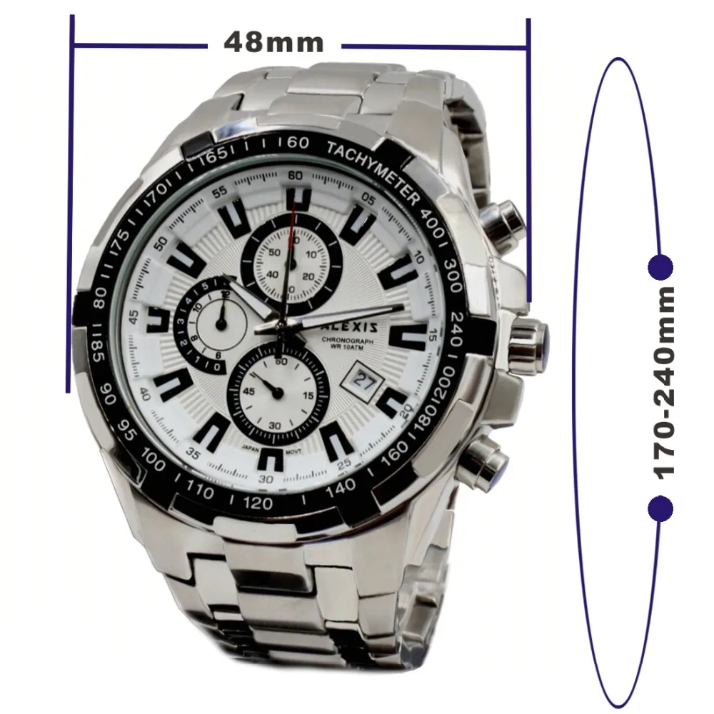 Alexis мужчин аналоговые кварцевые Круглый наручные часы MIYOTA 0S10 хронограф Блестящий Серебряный Стальной браслет белый циферблат