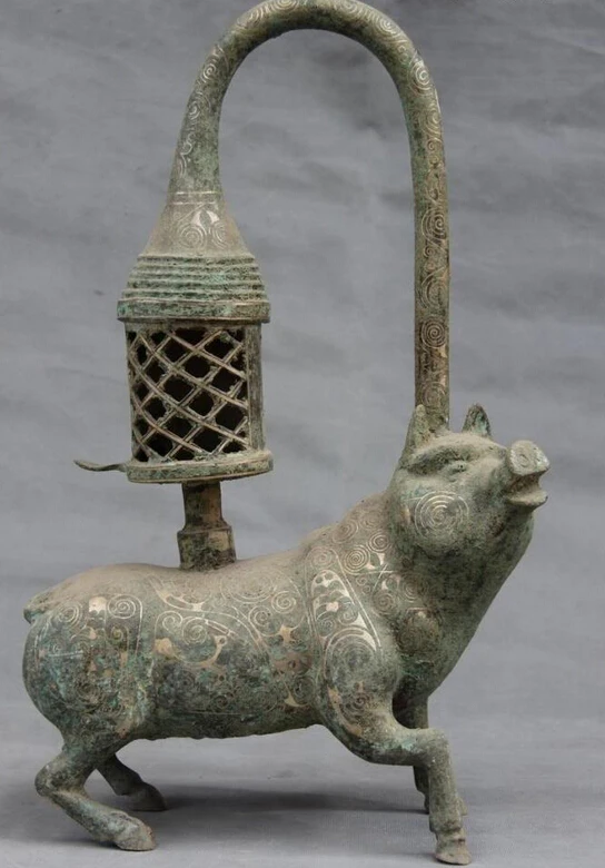 

USPS to USA S2865 Folk Collect old Bronze silver-gilt Feng Shui Fortune Pig palace lantern Statue B0401