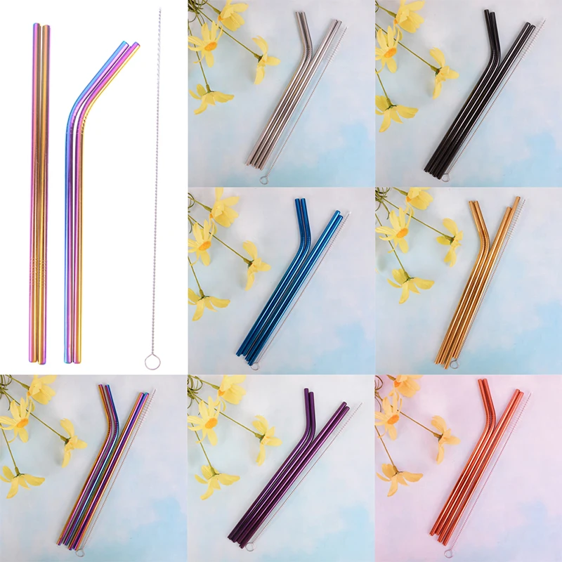 Stainless Steel Straw Reusable Metal Drinking Straw +1 Brush Bar Accessories For Cup 6 Colors 5PCS/Set