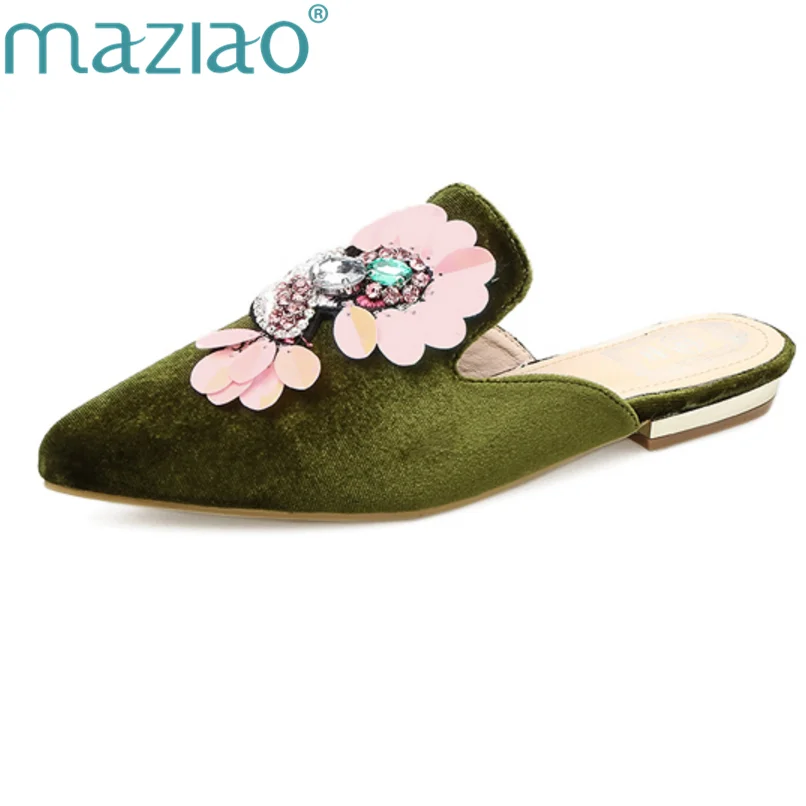 

MAZIAO Spring Summer Women Slippers Mules Shoe Luxury Flowers Lady Slides Low Heels Ladies Slippers Pointed Toe Summer Handmade