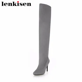 

Lenkisen flock zipper rome pointed toe thigh high boots pop high fashion high thin heels solid large size woman sexy boots Lwf7