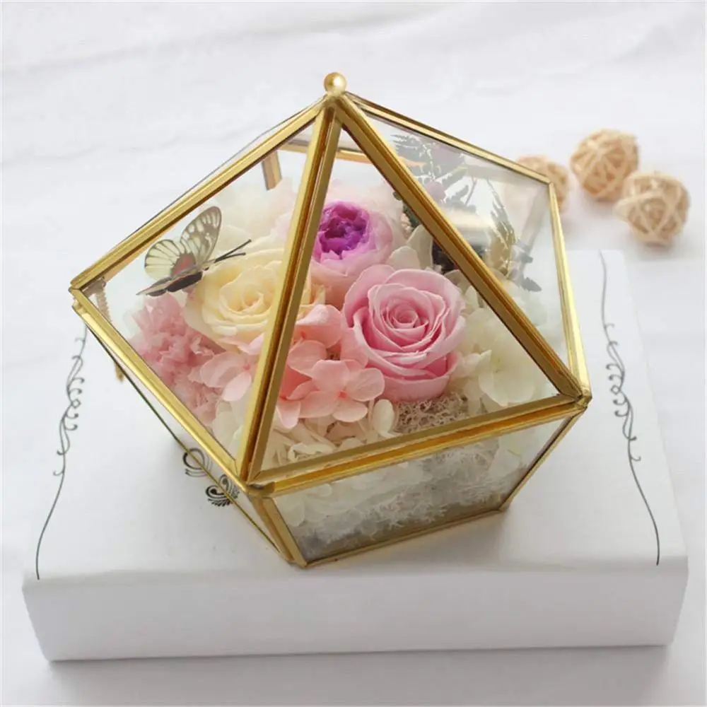 

Polygon Transparent Glass Flower Room Container Wedding Ring Jewelry Storage Box
