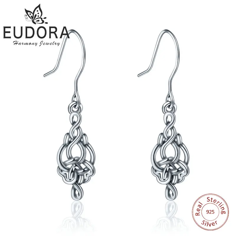 Уникальные серьги EUDORA из чистого 925 пробы серебра с кельтским узлом, модные висячие серьги в форме сердца для женщин, хорошее ювелирное изделие, очаровательный подарок