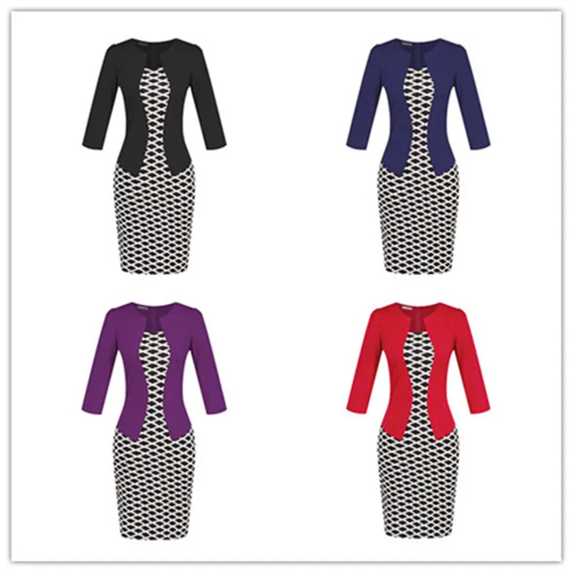 Plus Size XXXL Pencil Work Dresses Present With Belt One Piece Dress Patchwork Fake 2 Pcs Business Formal Office Bodycon Dress (14)