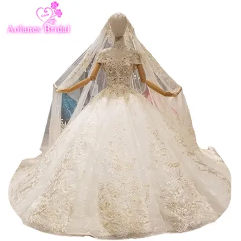 شراءفساتين زفاف عتيقة مع حجاب طويل صورة حقيقية لعام 2018 فاخرة بأكمام من الدانتيل الشامبانيا وفتحة رقبة على شكل V على شكل كاتدرائية
