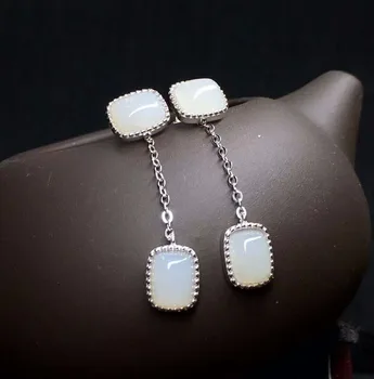 

Hetian Baiyu Silver Inlay Earrings Qinghai Square Earrings h30#