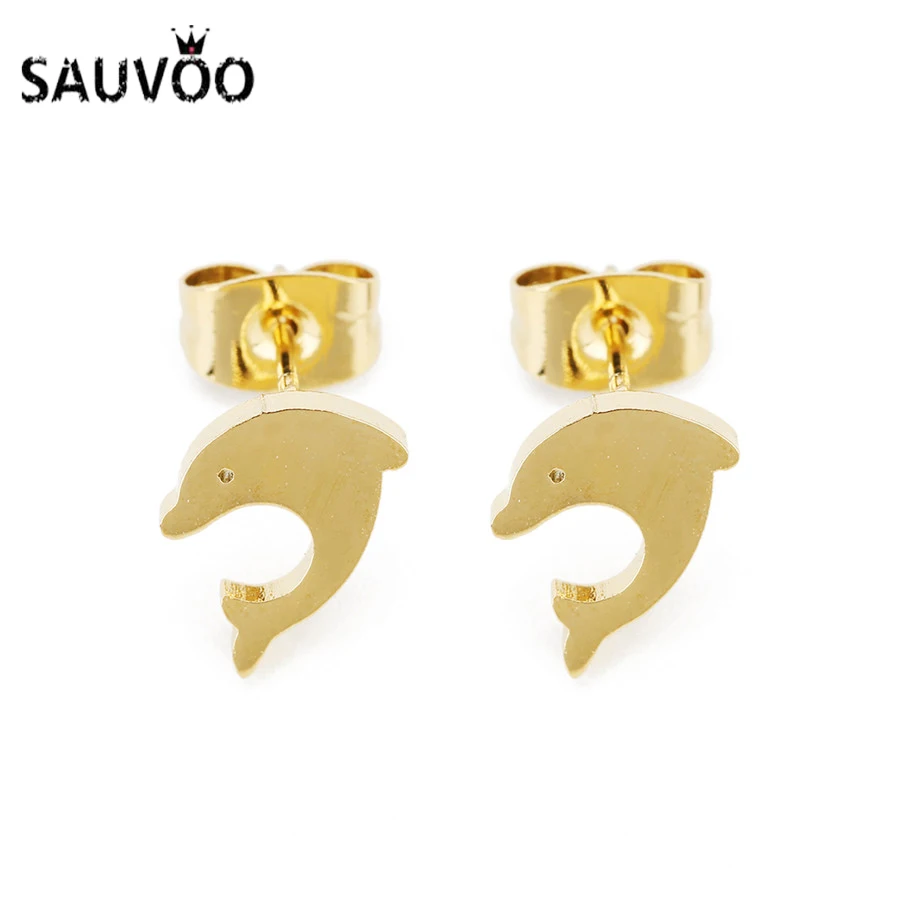 SAUVOO 2018 Gold Color Romantic Dolphin Earrings For Women Stainless Steel Cute Animal Stud Boucle D'oreille | Украшения и