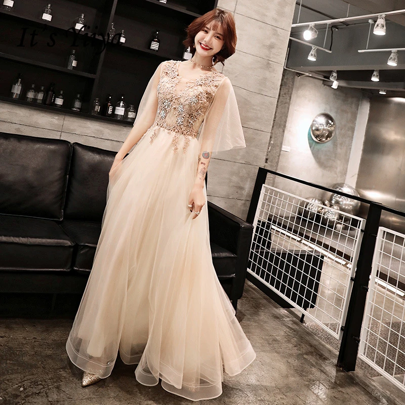 

2019 Prom Dress Boat Neck Champagne Tulle Women Party Night Long A-line Floor Length Plus Size Customizied Vestidos De Gala E426