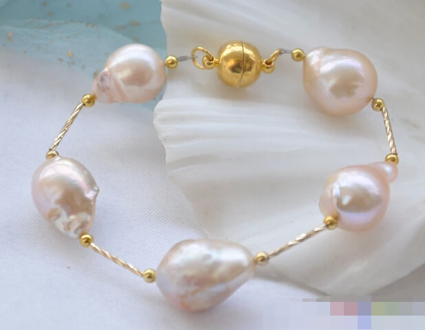 

FREE SHIPPING>>>@@ > 08715 pink BAROQUE KESHI REBORN PEARL gild 5star bracelet