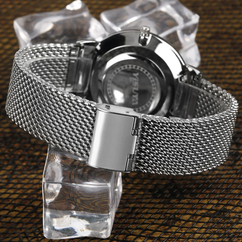 YISUYA Luxury Mens Watch Calendar Chronograph Stainless Steel Silver Mesh Iron Quartz-watches Men's Business Casual Wristwatch (13)