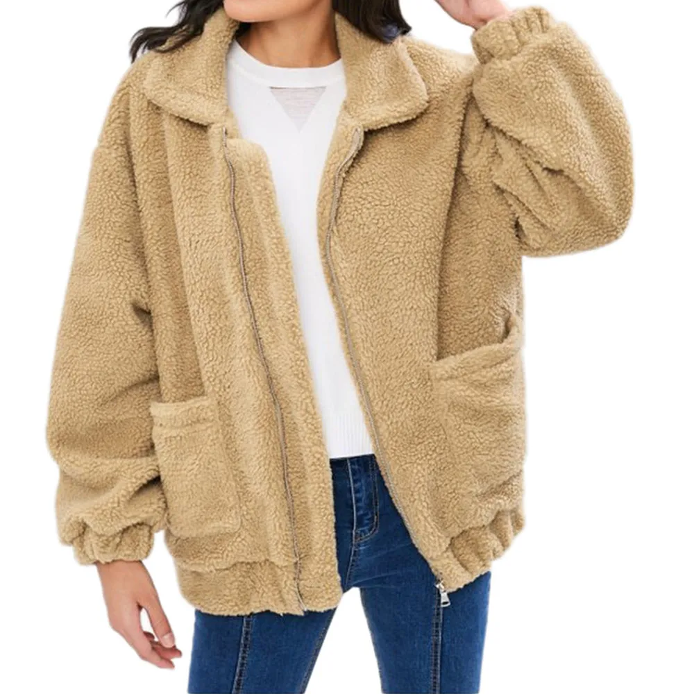 

Womens Winter Oversized Coat Ladies Borg Jacket Pockets Warm Coat