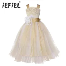 IEFiEL Платье для свадебного банкета с тюлевым цветком для девочки и девушки праздничное платье принцессы карнавальное нарядное платье платье для торжеств платье со стянутой перекрестными лентами спинкой платье без рукавов кружевное тюлевое платье возраст от 2 до 14 лет