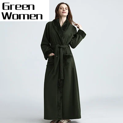 Женский удлиненный утепленный флисовый термо-халат, кимоно, меховой фланелевый теплый банный халат, зимний халат, мужские халаты, пеньюар - Цвет: Women Green