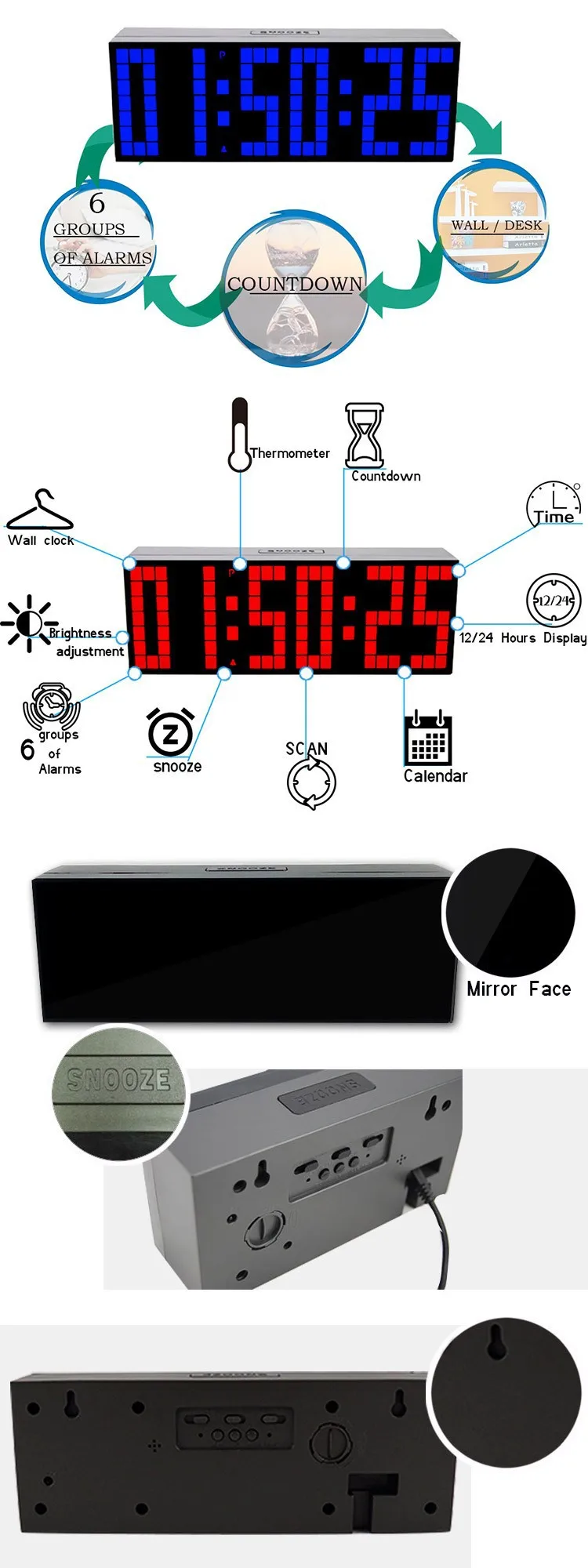KOSDA светодиодный дисплей обратного отсчета цифровой светодиодный Будильник температура цифровой таймер Повтор Будильник Календарь спальня подарок для детей