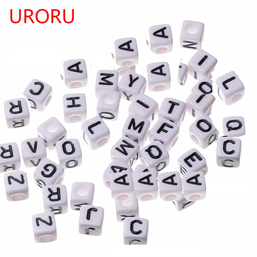 

URORU Mini Order 100PCS 6*6MM Cube Acrylic Letter Beads Single Alphabet A-Z Printing White Square Bracelet Jewelry Beads