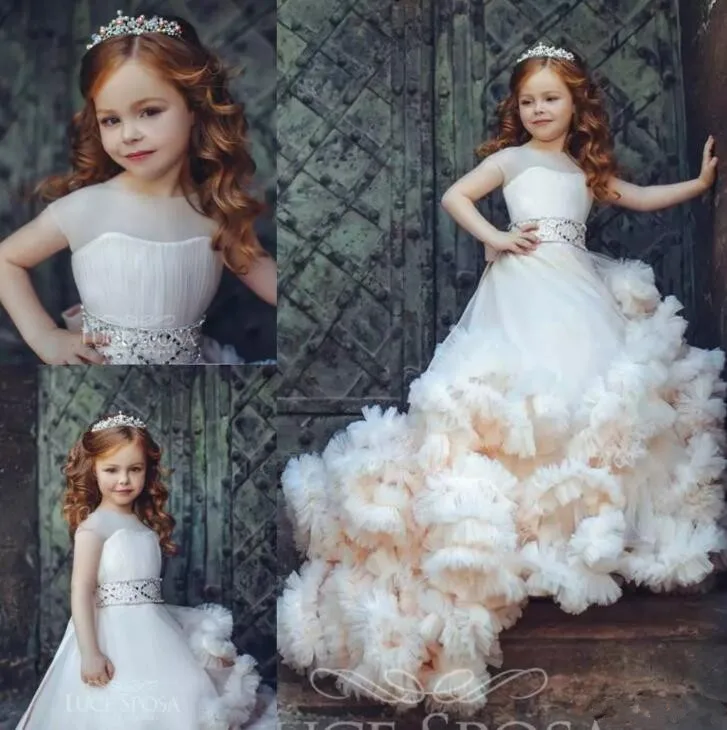

New Arrival Ruffled Flower Girl Dresses Special Occasion For Weddings Pleated Kids Pageant Gowns Tulle Communion Gown
