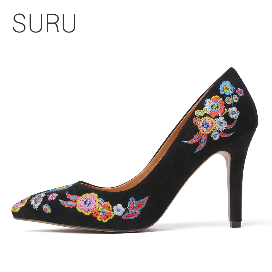 

SURU Suede Embroidered Party Dress Pumps Women 9cm High Heeled Office Lady Heels plus size 33 40 41 42 43