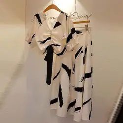 2019 летний женский комплект из 2 предметов с v-образным вырезом и коротким рукавом, блузка с принтом + однотонные длинные юбки с принтом