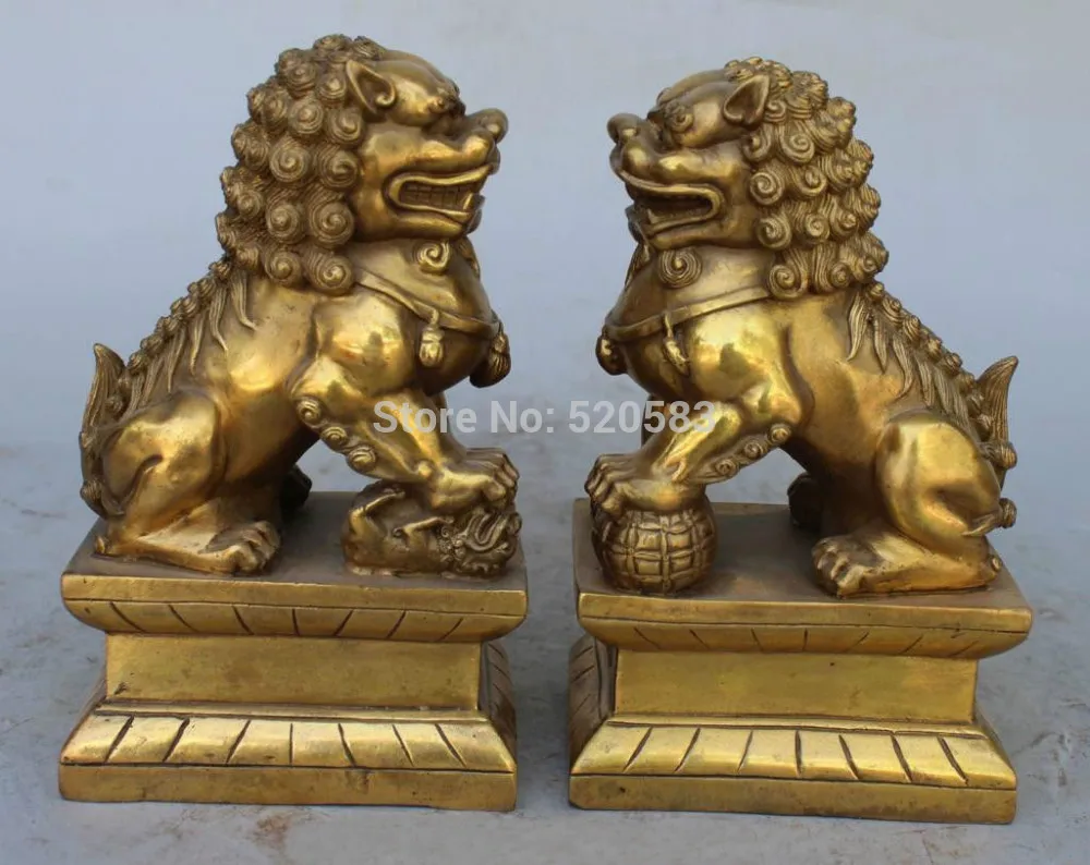 

7" Chinese Bronze Brass Guardian Foo Fu Dog Phylactery Door Lion Pair Statue