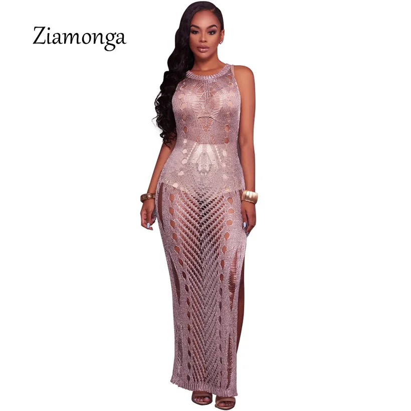

Ziamonga Summer Hollow Out Crochet Knitted Dress Sexy Gold Purple Maxi Beach Dress Women Sleeveless Split Sweater Long Dresses