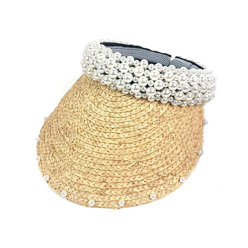 

2019 Fashion straw hat Hand-stitched pearl raffia sun hats Visor female summer hat beach hat without top summer caps for women