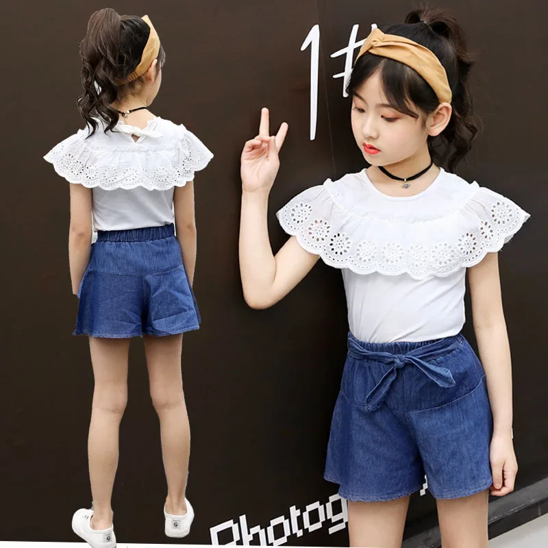 

kids clothes Girls Summer Set 2019 Summer New 4-12 Y Girl Set Side Shoulder Sleeve Tops Solid Color Denim Shorts Children's Set