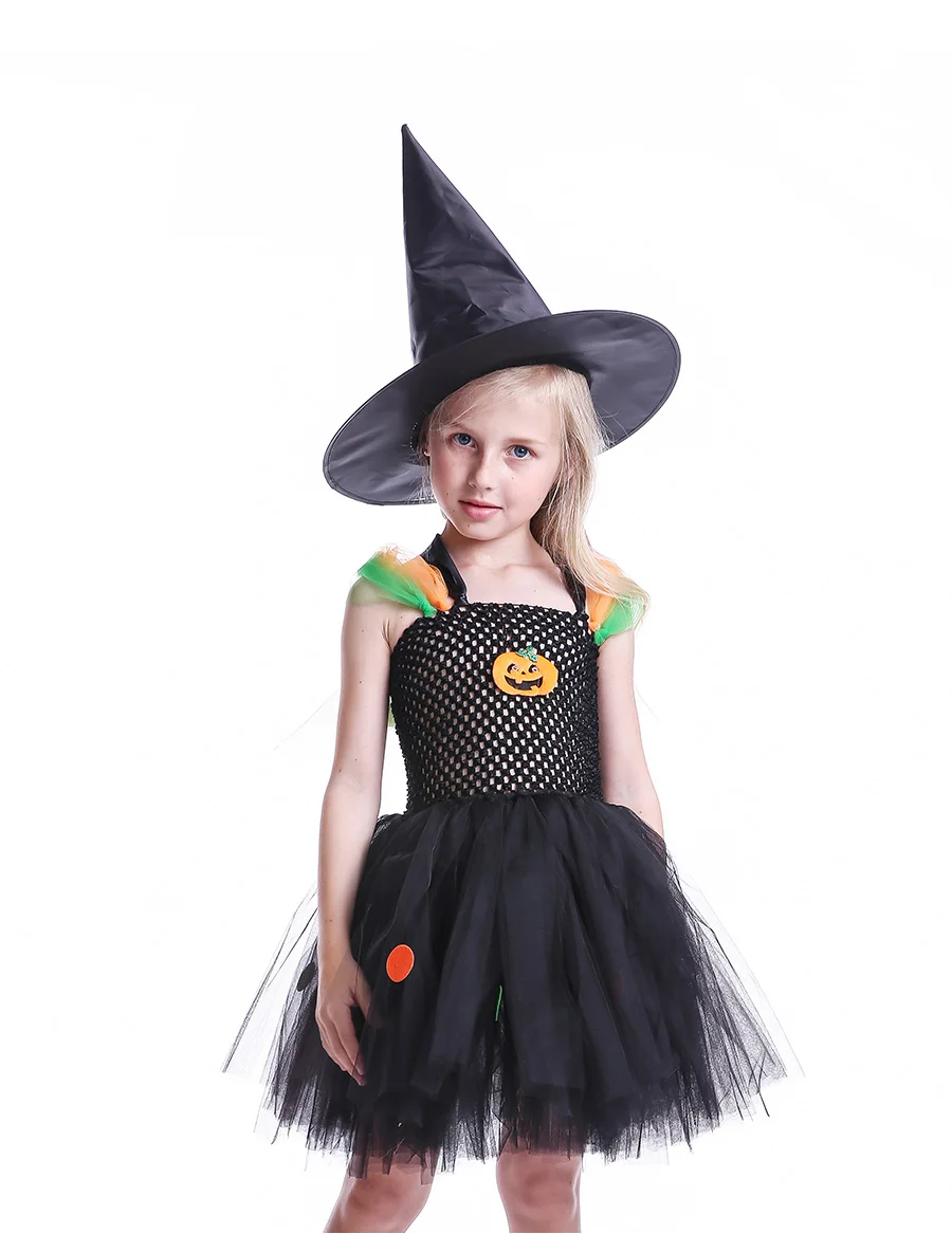 Pumpkin Pattern Girls Halloween Tutu Dress with Witch Hat Colorful Polka Dot Baby Girl Dress Kids Witch Costume Photo Party (9)