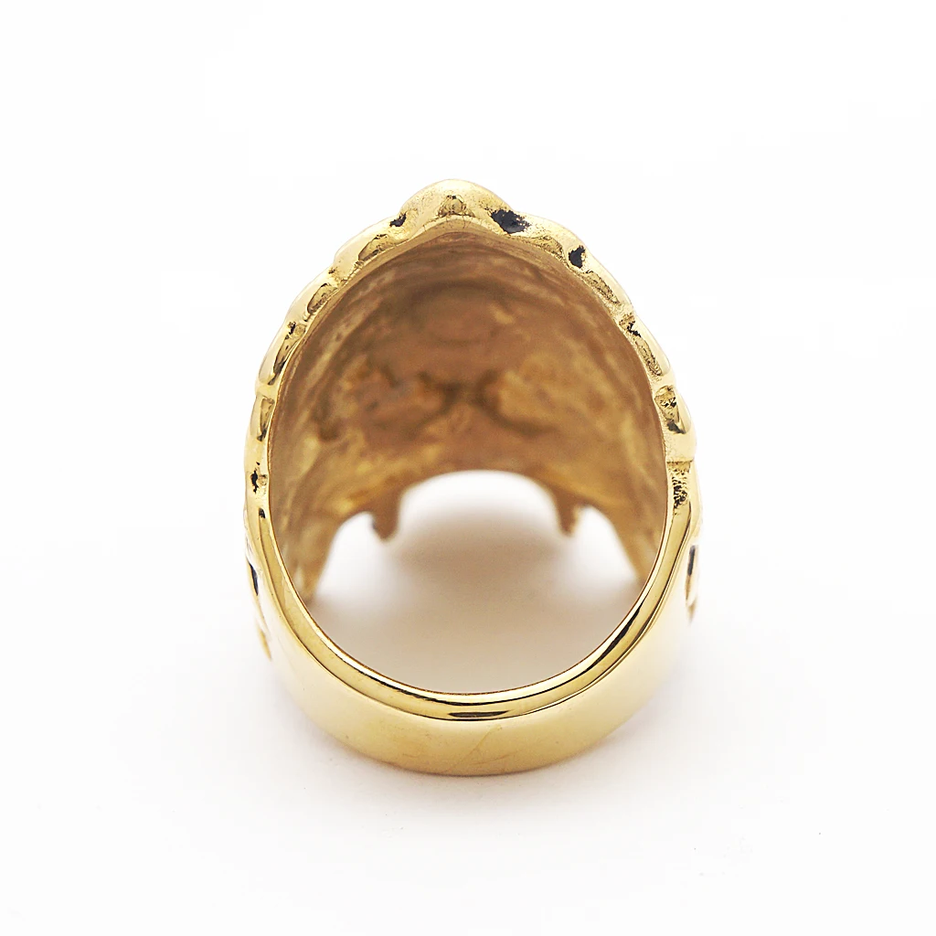 Indian Chief Skull Ring Gold Stainless Steel Rings Native American Ring Men\`s Gothic Punk Rock Biker Size 7 - 13 