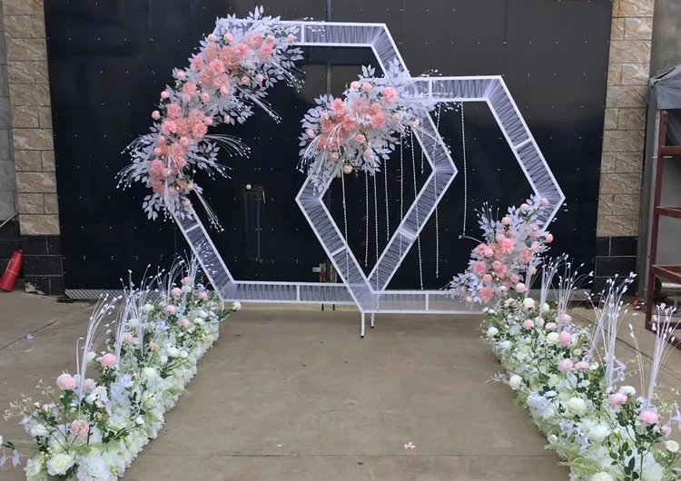 JAROWN Wrought Iron Hexagonal Arch Frame Wedding Stage Background Flower Decoration Home Party Screen Decor (26)