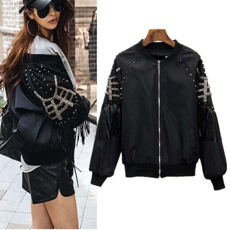 

Spring Autumn Jacket Women Fashion Stand Collar Baseball Rock Jackets Tassels Rivets Bomber Jacket Coat Chaquetas Mujer NS462