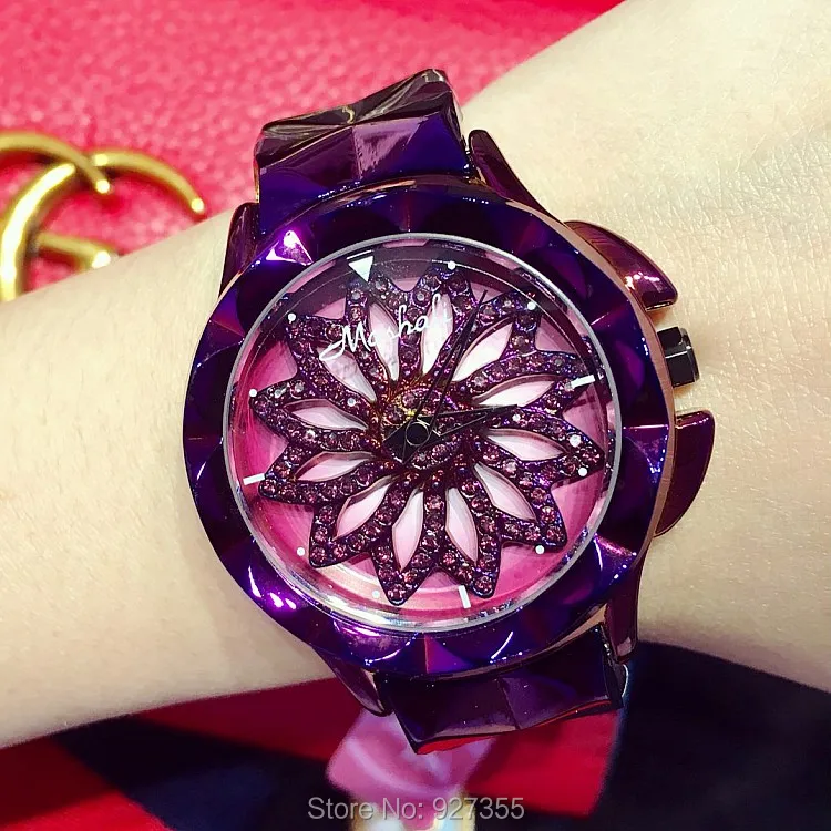 

2017 New Women Watch Stainless Steel Watches Lady Shining Rotation Dress Watch Big Diamond Purple Wristwatches Lady Clocks hours