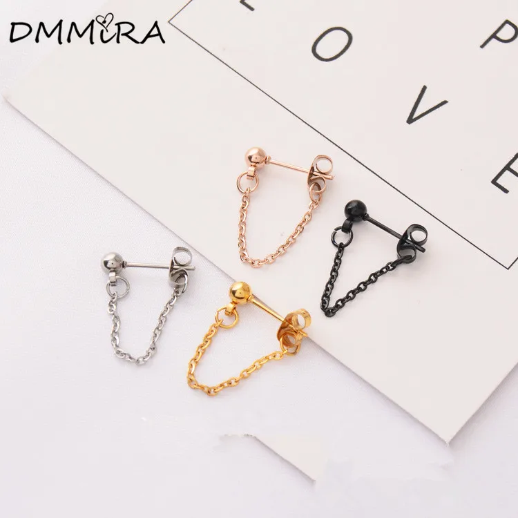 

Fahion Women Punk Silver Rose Gold Black Stainless Steel Round Balls Long Chain Barbell Stud Earrings Ear Piercing Jewelry