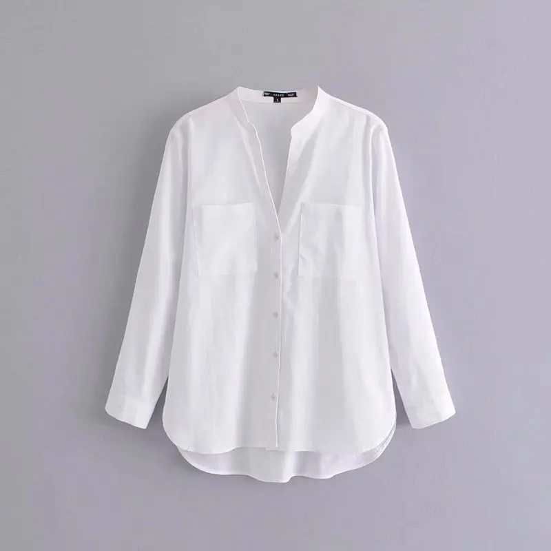 Fashion women AAZZ45-9248 European and American Wind pocket decorative Linen Shirt |