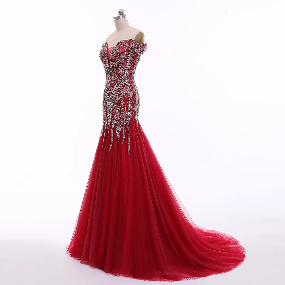 off-the-shoulder burgundy prom dress