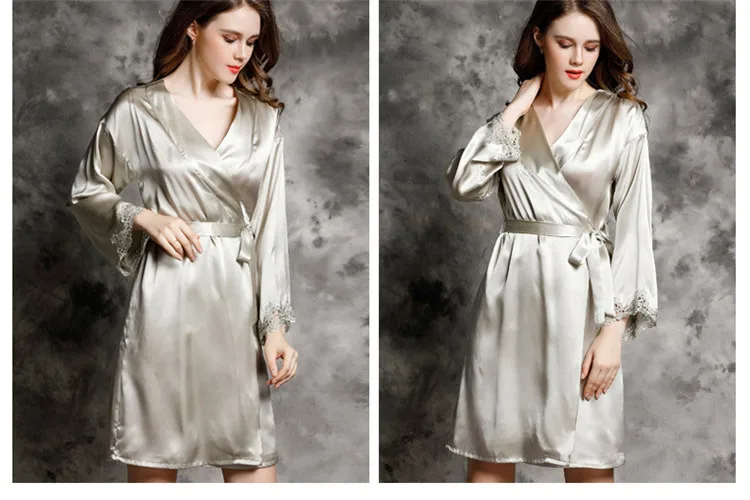High Quality 100% Real Silk Women's Kimono Robe Ladies Mulberry Silk Bath Gown With Belt Nightgown Sleepwear Pijama Mujer High Quality 100% Real Silk Women's Kimono Robe Ladies Mulberry Silk Bath Gown With Belt Nightgown Sleepwear Pijama Mujer
